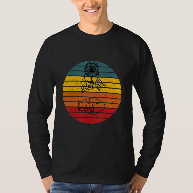 Cat Dreamcatcher Retro Sunset Design T Shirt (Framsida)