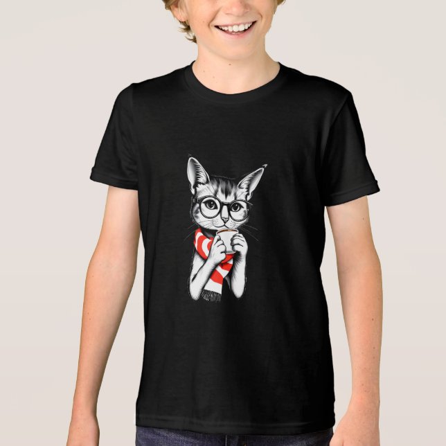 Cat Drink a Coffee Tri-Blend Shirt T (Framsida)