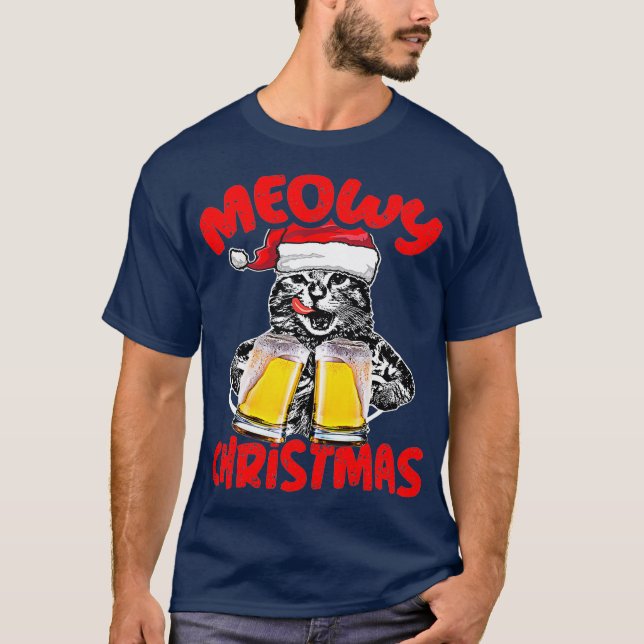 Cat Drinking Beer Funny Santa Hat-julgåva T Shirt (Framsida)