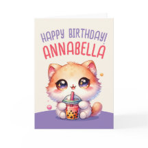 Cat Drinking Boba Cute Bubble Tea Birthday Card
