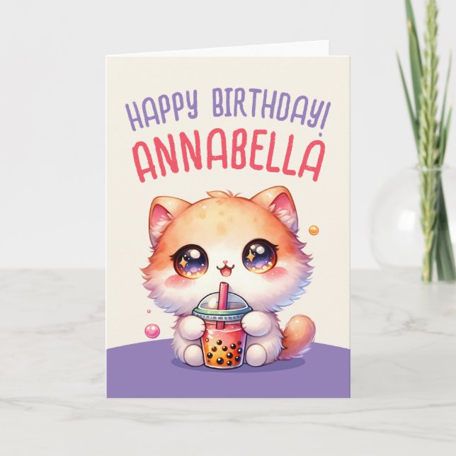 Cat Drinking Boba Cute Bubble Tea Birthday Card Kort (Framsida)