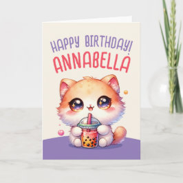 Cat Drinking Boba Cute Bubble Tea Birthday Card Kort