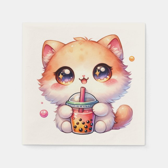 Cat Drinking Boba Cute Bubble Tea Pappersservett (Framsidan)
