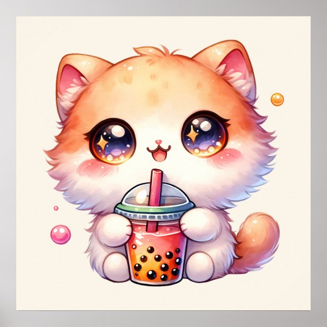 Cat Drinking Boba Cute Bubble Tea Poster (Framsidan)