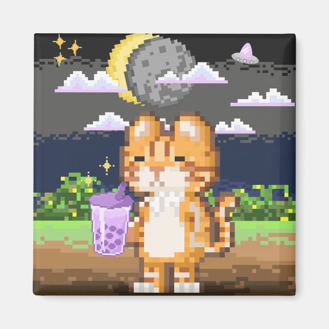 Cat Drinking Boba Tea Alien Eclipse Magnet (Framsidan)