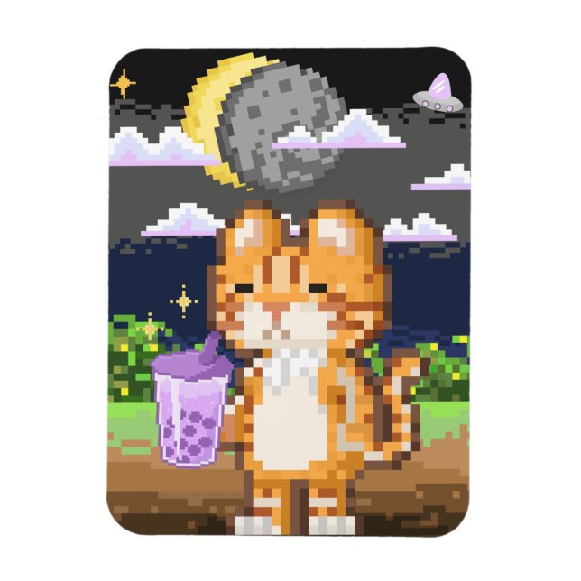 Cat Drinking Boba Tea UFO Eclipse Magnet (Vertikal)
