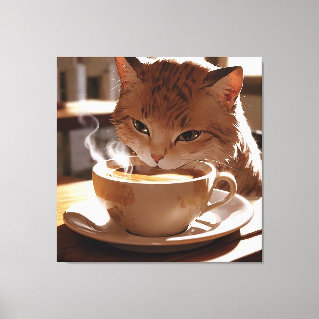 Cat drinking coffee from a cup canvastryck (Framsida)