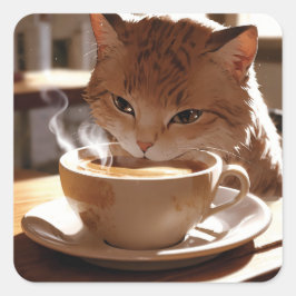 Cat drinking coffee from a cup fyrkantigt klistermärke