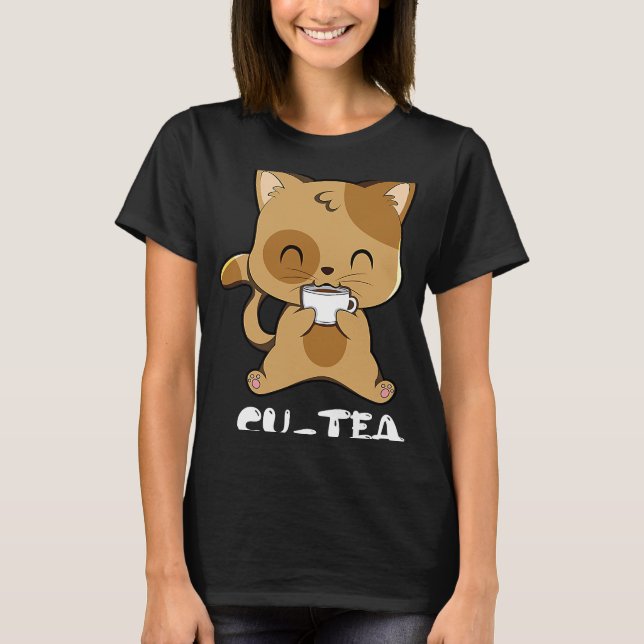 Cat Drinking Tea Cute T Shirt (Framsida)