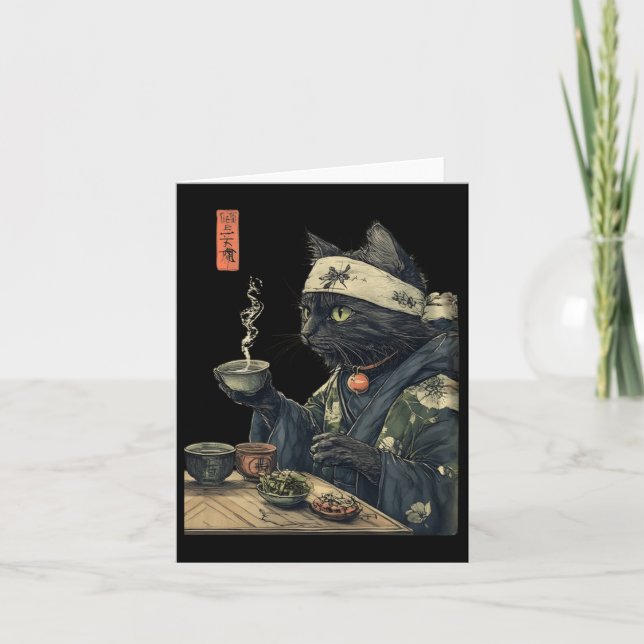 Cat Drinking Tea Japanska Tea Ceremony Art Skriv u Kort (Framsida)