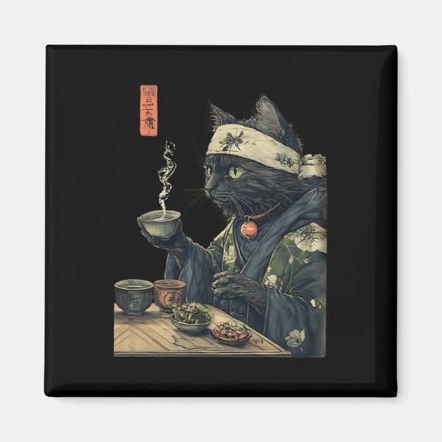 Cat Drinking Tea Japanska Tea Ceremony Art Skriv u Magnet (Framsidan)