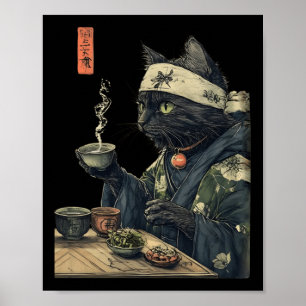 Cat Drinking Tea Japanska Tea Ceremony Art Skriv u Poster