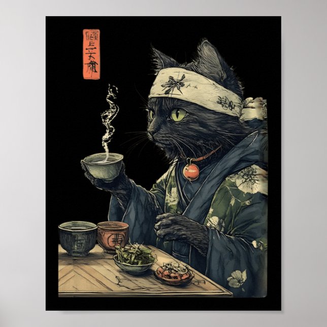 Cat Drinking Tea Japanska Tea Ceremony Art Skriv u Poster (Framsidan)