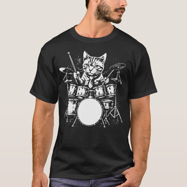 Cat Drummer Drums Music T Shirt (Framsida)