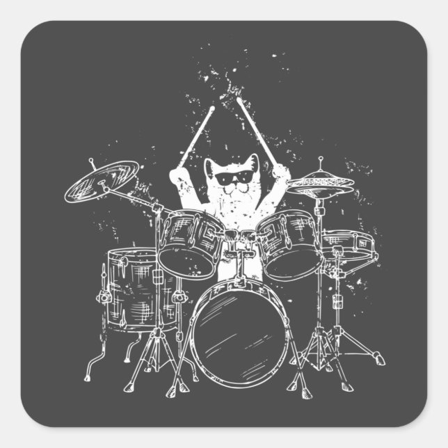 Cat Drummer Spelande Drummer Fyrkantigt Klistermärke (Framsida)