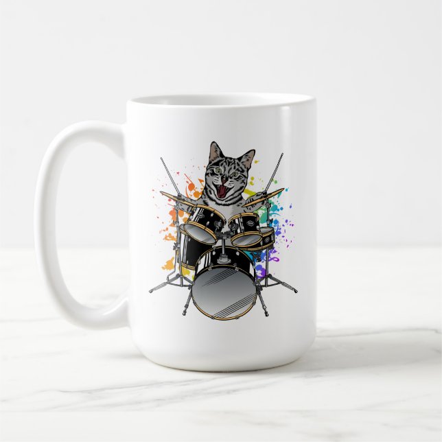 Cat Drummer Spelande Drummer Kaffemugg (Vänster)