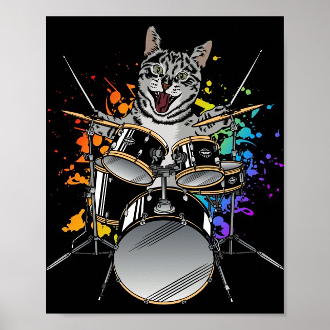 Cat Drummer Spelande Drummer Poster (Framsidan)