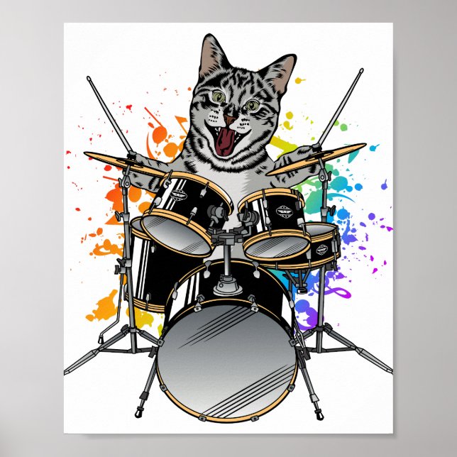Cat Drummer Spelande Drummer Poster (Framsidan)
