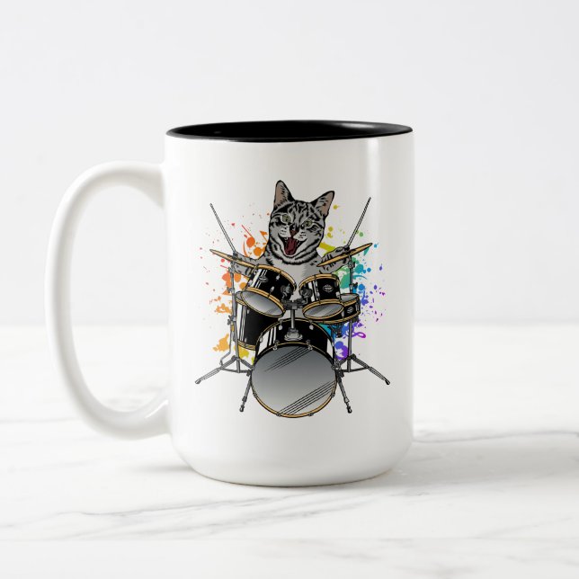 Cat Drummer Spelande Drummer Två-Tonad Mugg (Vänster)