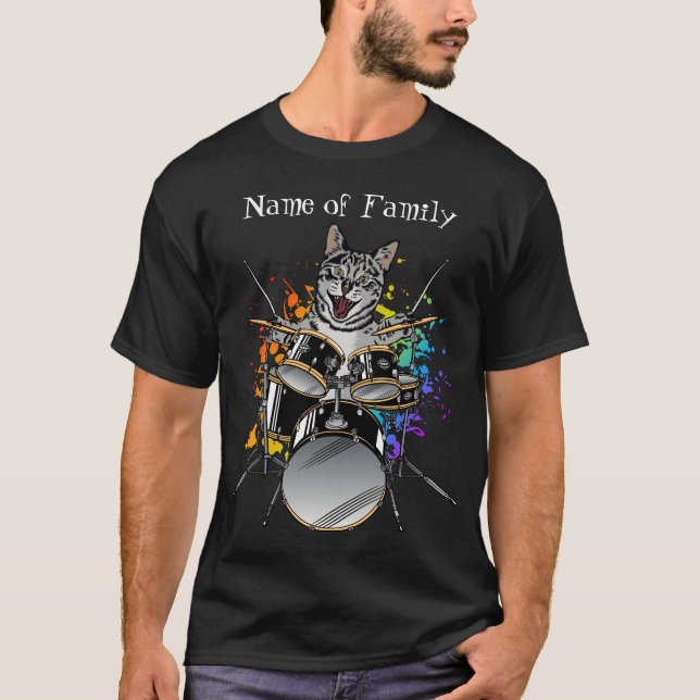 Cat Drummer spelar Drums Manar T-Shirt (Framsida)
