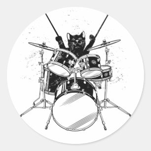 Cat Drummer spelar klassiskt Round Sticker Runt Klistermärke