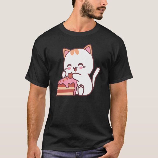 Cat Eating Delicious Cake Candy Backing T Shirt (Framsida)