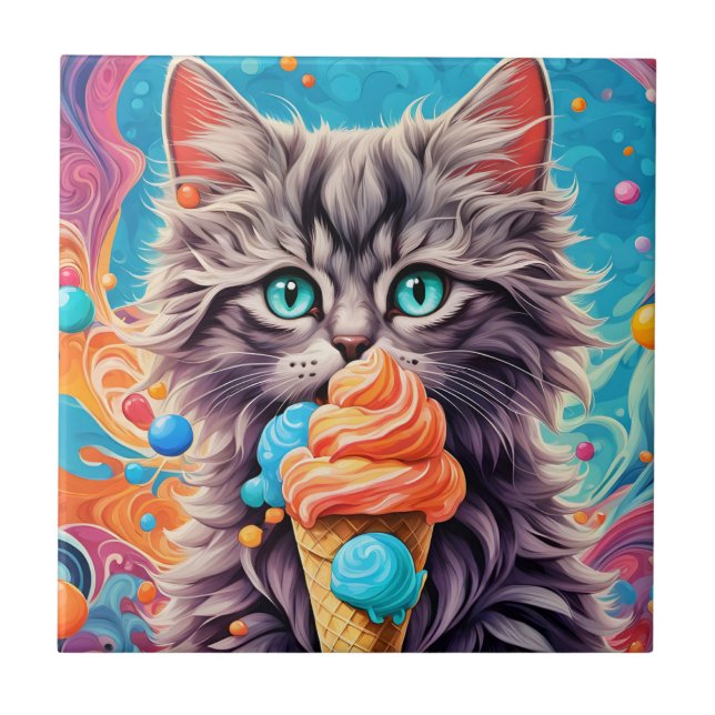 Cat Eating Ice Cream Cone Funny Kitten Cat 779 Kakelplatta (Framsidan)