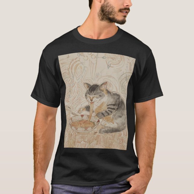Cat eating Noodles  T Shirt (Framsida)
