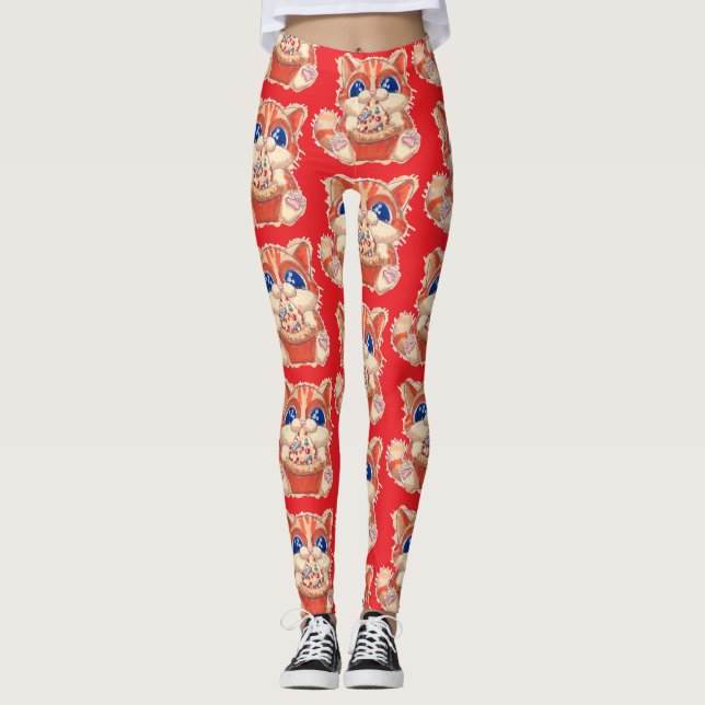 Cat Eating Pizza färg Leggings (Framsida)