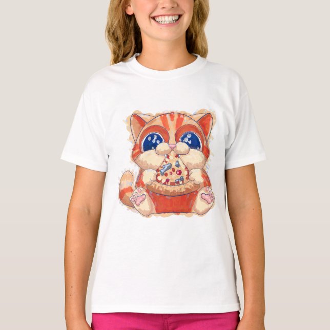 Cat Eating Pizza färg T Shirt (Framsida)