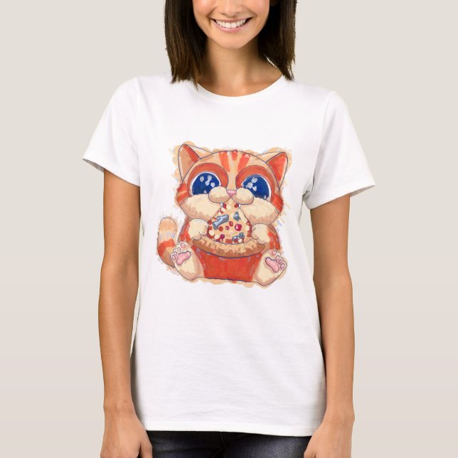 Cat Eating Pizza färg T Shirt (Framsida)