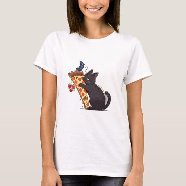 Cat Eating Pizza Game Paused T-Shirt (Framsida)