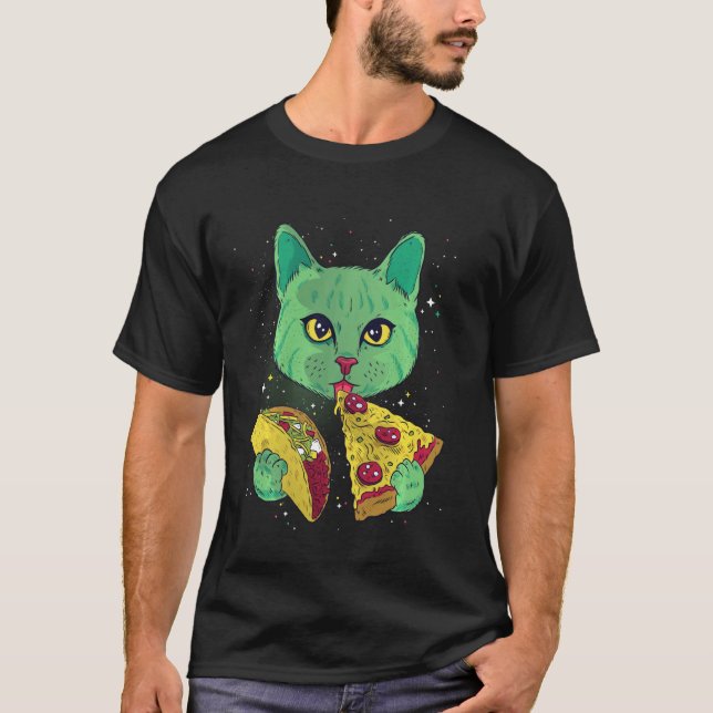 Cat Eating Pizza och Taco in Space Funny Cats Gift T Shirt (Framsida)