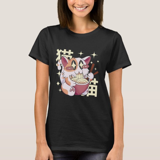 Cat Eating Ramen Food T Shirt (Framsida)