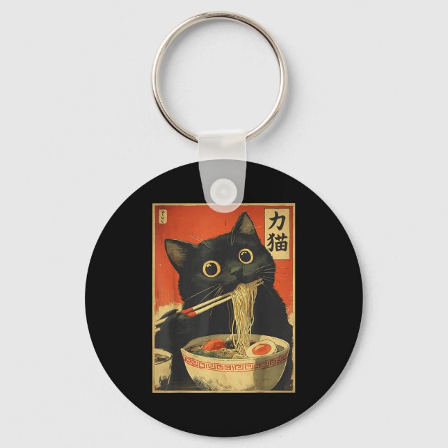 Cat Eating Ramen Funny Japanese Kawaii Cat Anime L Nyckelring (Framsida)