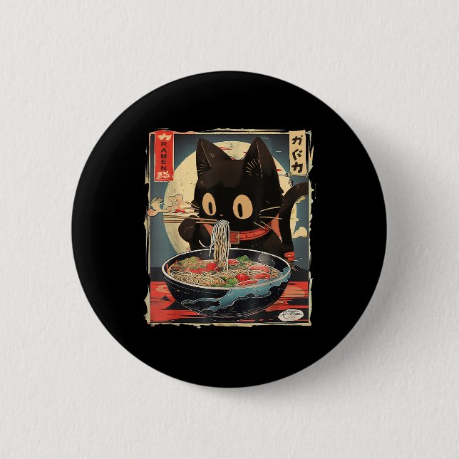 Cat Eating Ramen Noodle Funny Japanska Kawaii Anim Knapp (Framsida)