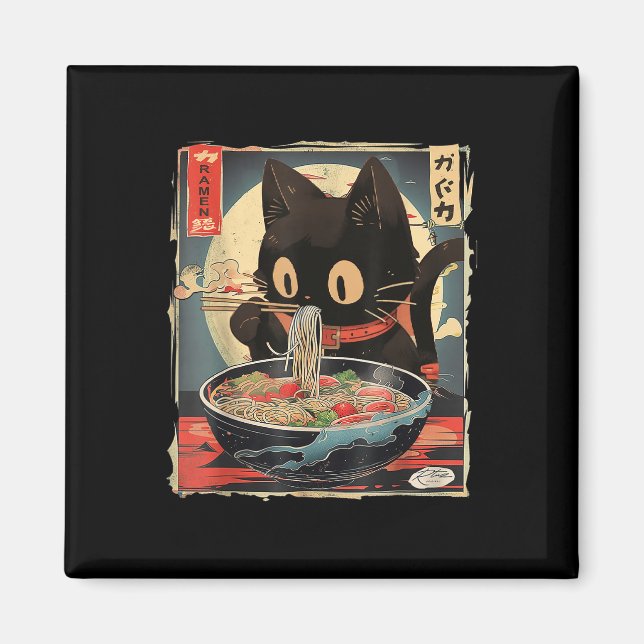 Cat Eating Ramen Noodle Funny Japanska Kawaii Anim Magnet (Framsidan)