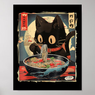 Cat Eating Ramen Noodle Funny Japanska Kawaii Anim Poster