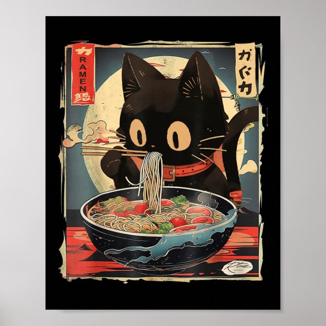 Cat Eating Ramen Noodle Funny Japanska Kawaii Anim Poster (Framsidan)