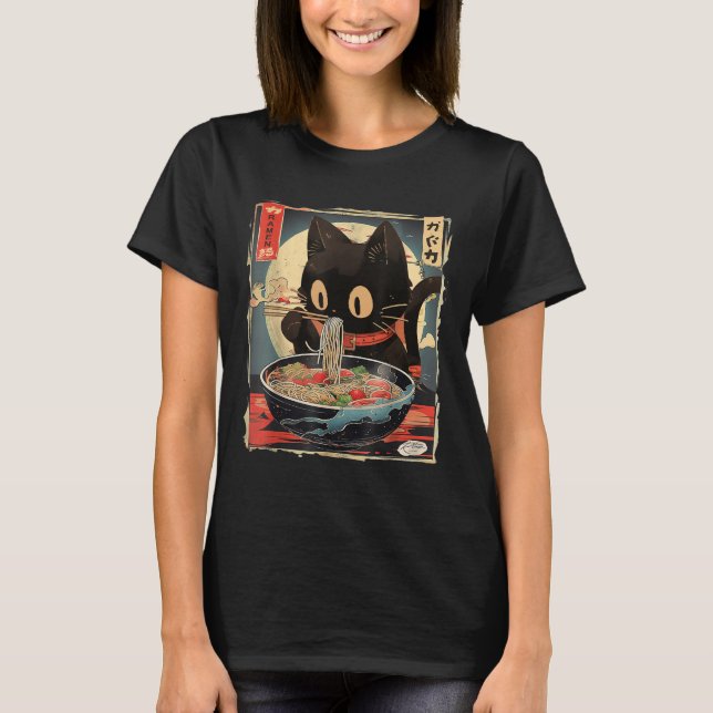 Cat Eating Ramen Noodle Funny Japanska Kawaii Anim T Shirt (Framsida)
