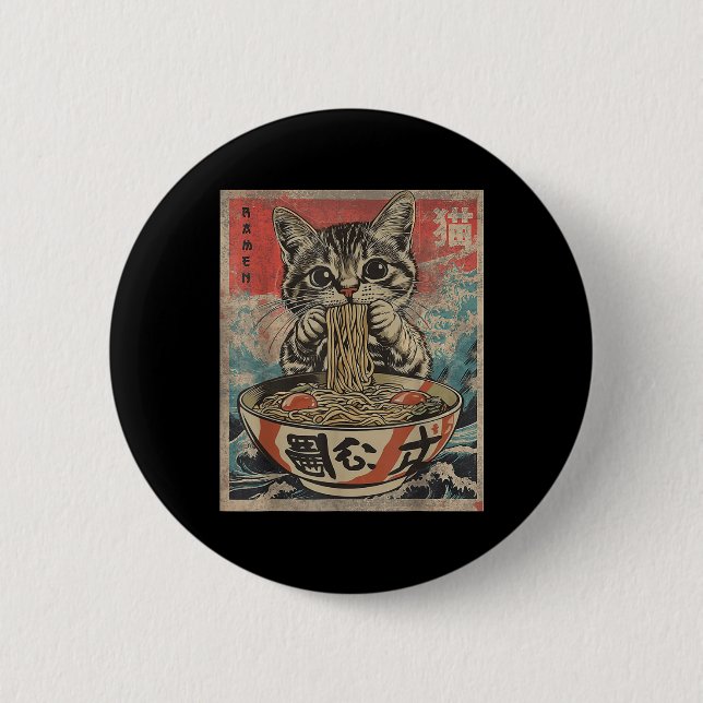 Cat Eating Ramen Noodles Kawaii Anime Manga Japane Knapp (Framsida)