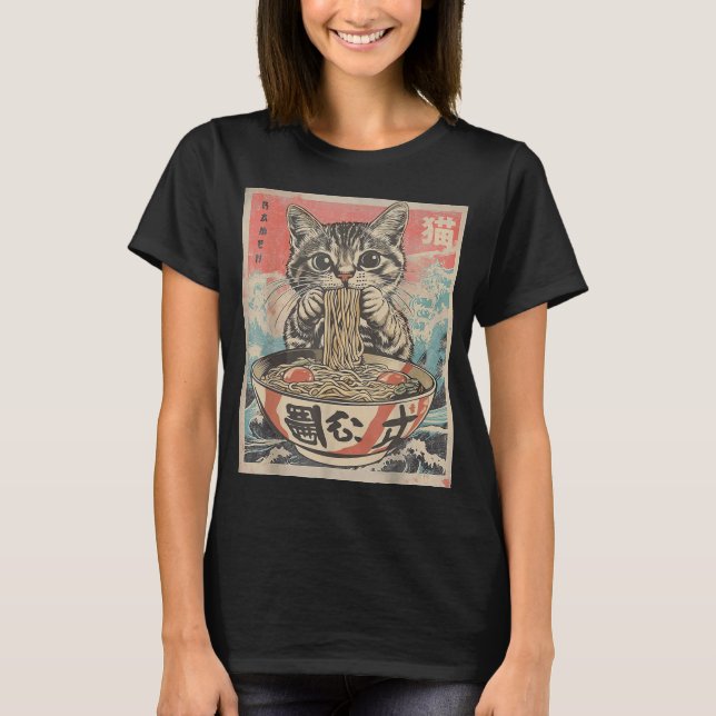 Cat Eating Ramen Noodles Kawaii Anime Manga Japane T Shirt (Framsida)