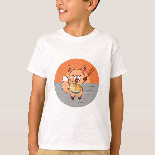 Cat Eating Ramen Noodles T Shirt (Framsida)