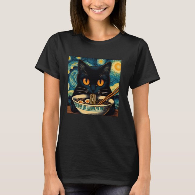 Cat Eating Ramen, Starry Night Van Gogh, Cat Lover T Shirt (Framsida)