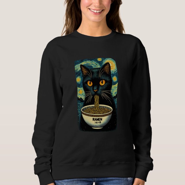 Cat Eating Ramen, Starry Night Van Gogh, Cat Lover T Shirt (Framsida)