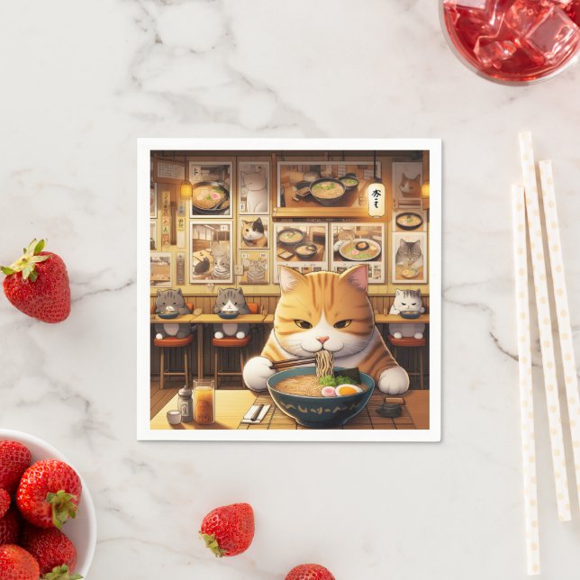Cat Eating Ramen v1 Pappersservett (Insitu)