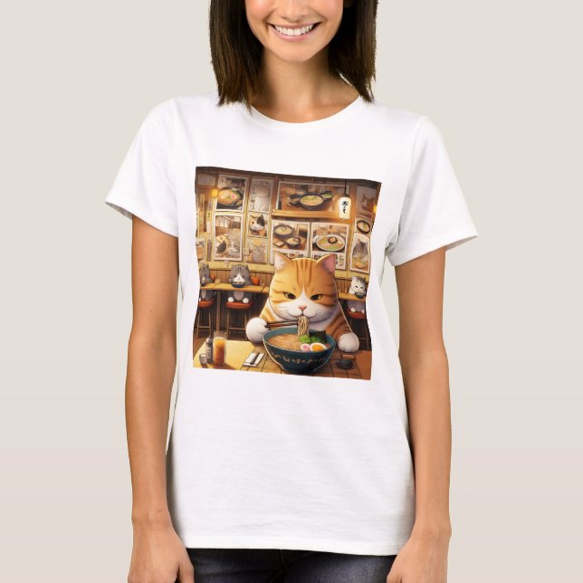 Cat Eating Ramen v1 T Shirt (Framsida)