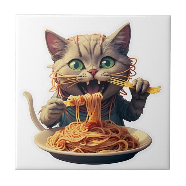 Cat Eating Spaghetti Kakelplatta (Framsidan)