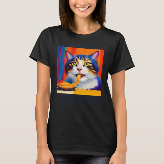 Cat Eating Spaghetti Oil Painting Style T Shirt (Framsida)