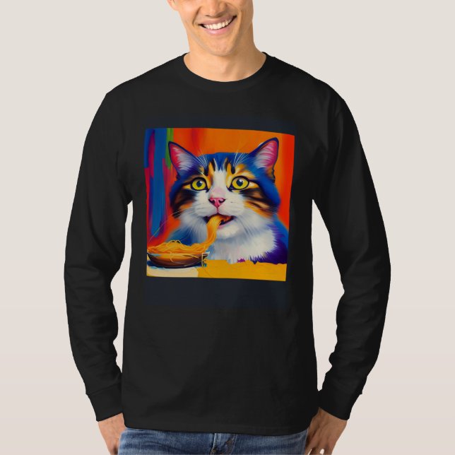 Cat Eating Spaghetti Oil Painting Style T Shirt (Framsida)